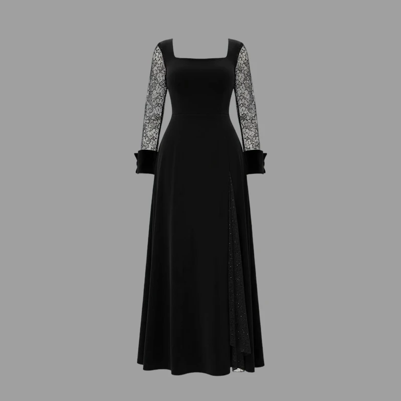 여성용 이브닝 프롬 맥시 드레스 여름 가을 2025 스퀘어넥 시스루 긴팔 연회 칵테일 파티 드레스