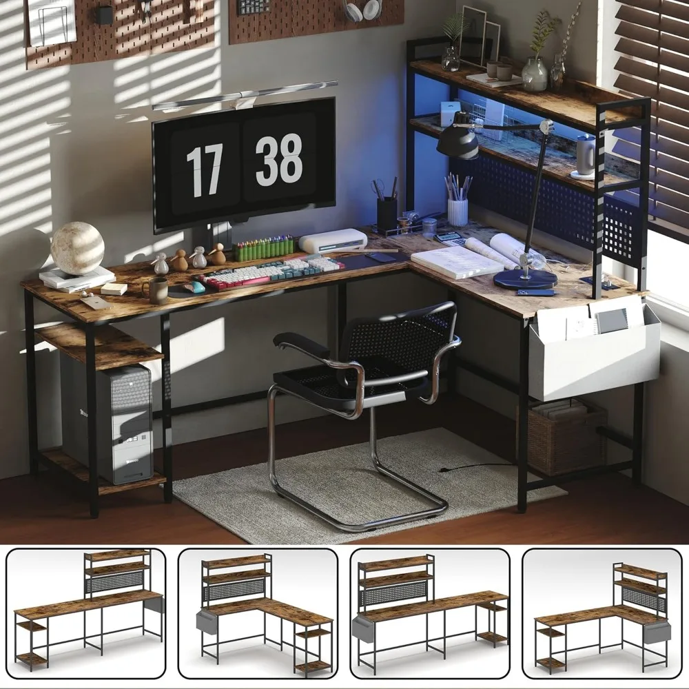 Large L Shaped Office Desk, Reversible Corner Computer Desk with Power Outlet and LED Light, Sturdy Gaming Desk with Storage Sh