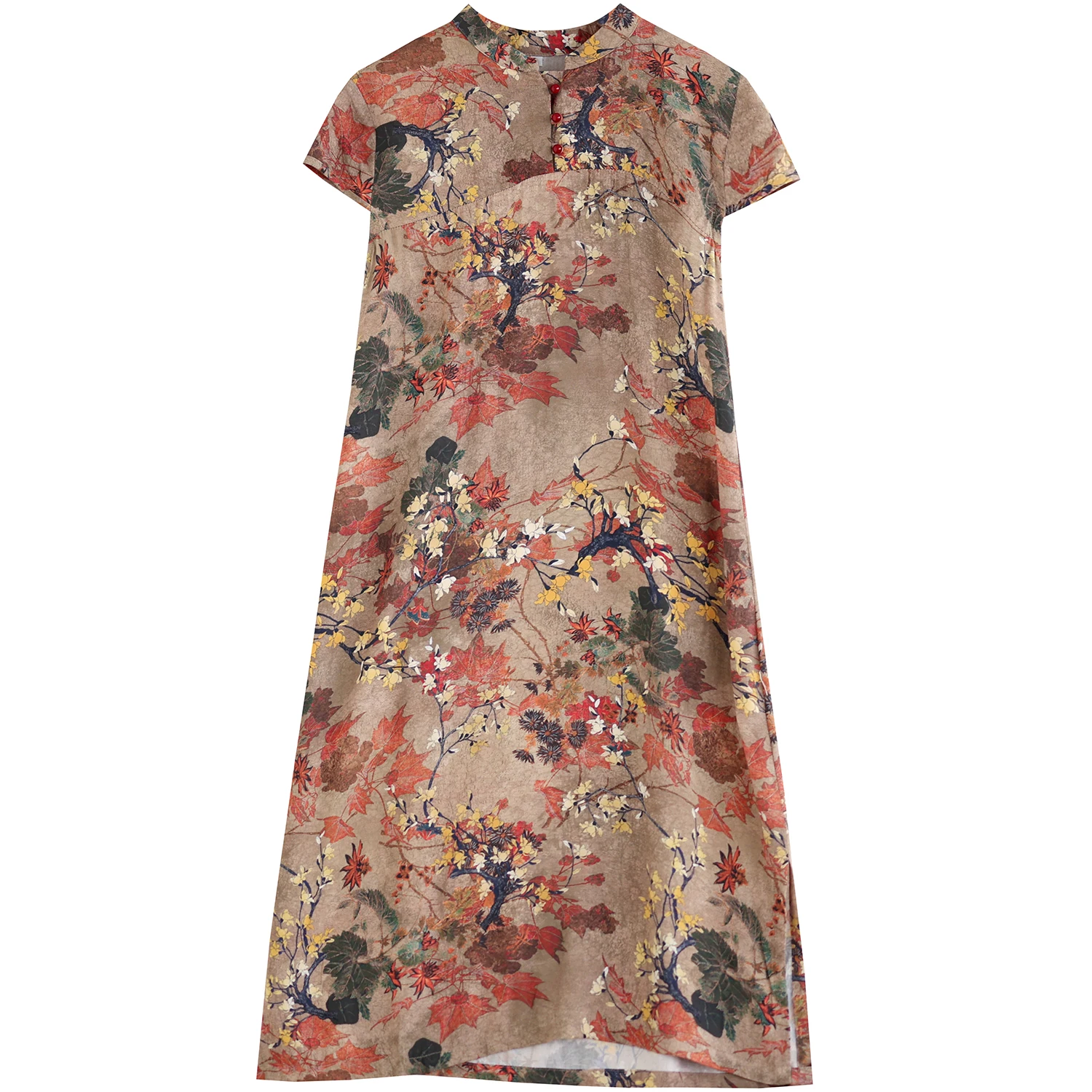 ชุดกี่เพ้าสไตล์จีนแบบหลวมพิมพ์ลายใหม่ พร้อมกระดุมตกแต่ง ให้ความรู้สึกหรูหรา แฟชั่นฤดูร้อน แขนยาว ผ้าโพลีเอสเตอร์ผสม