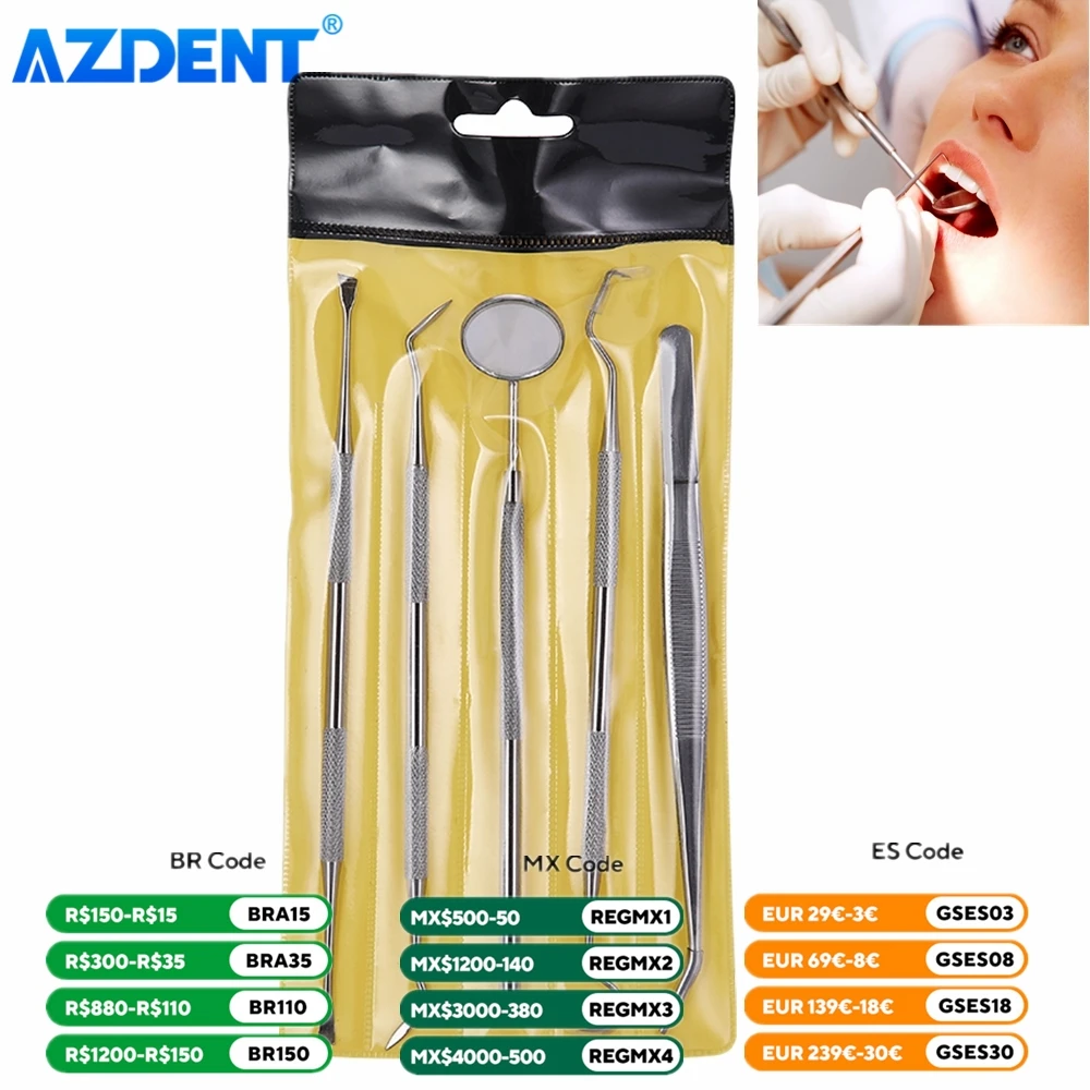 Dental Mouth Mirror Stainless Steel Tweezers AZDENT Elbow Probe Dentist Instrument Teeth Cleaning Whitening Dentistry Tools Set