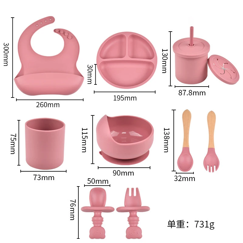 9PCS/Set Silicone Baby Feeding Dish BPA Free Straw cup Suction Bowl Divided Plate Wood Handle Spoon Fork Silicone Bibs Tableware