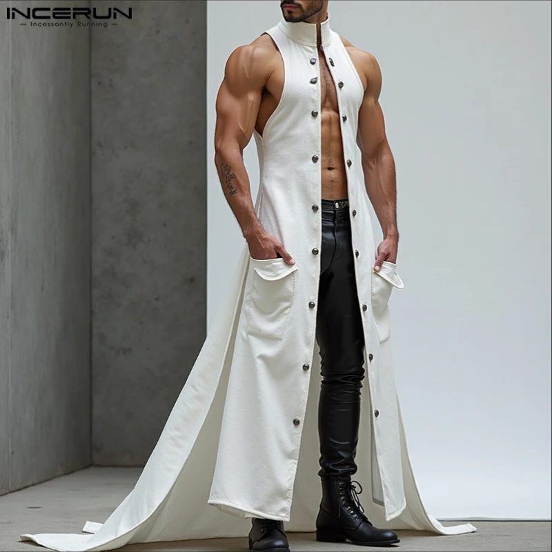 INCERUN Men Long Style Vests Stand Collar Sleeveless Button Fashion Male Waistcoats Streetwear Solid 2025 Irregular Vests S-5XL
