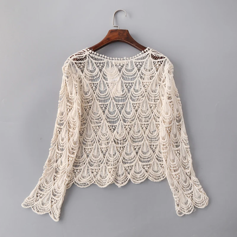 Summer Cut-out Crochet Lace Cardigan Women Clothing Beige Color Seaside Sun-protective Clothing Loose Air-conditioned Shirt U503