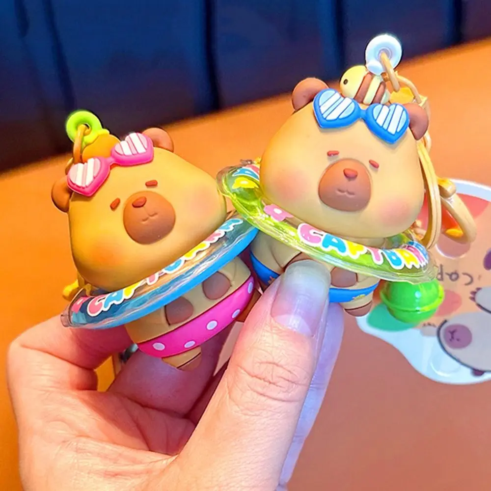 Cute Cartoon Capybara Doll Keychain with Bell Creative Funny Swimming Ring Capybara Key Ring Bag Pendant for Women Jewelry