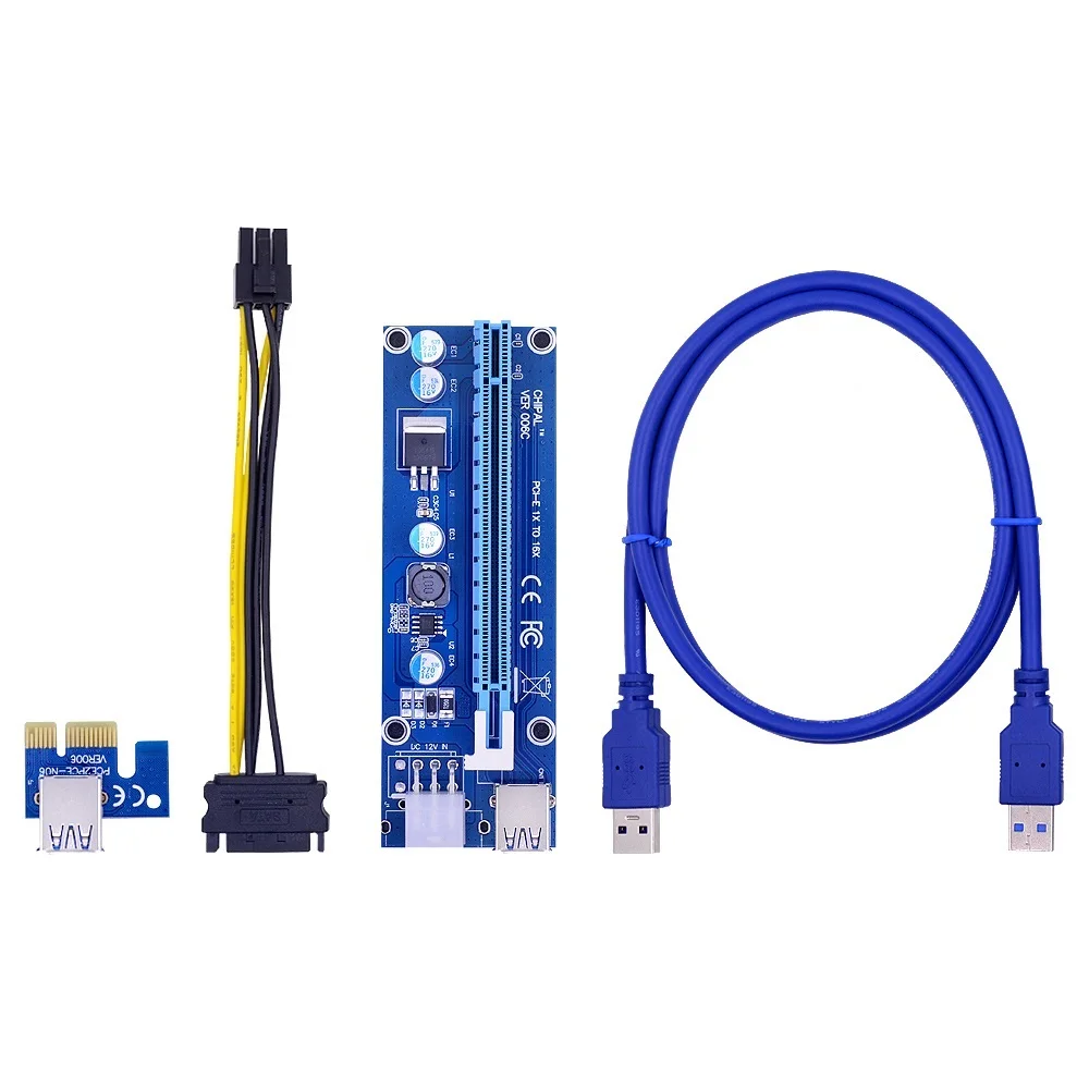 Top 6PCS VER006C PCI-E Riser Card 006C PCI Express 1X to 16X Extender Adapter 1M 0.6M USB 3.0 Cable 6Pin to SATA Power Cord