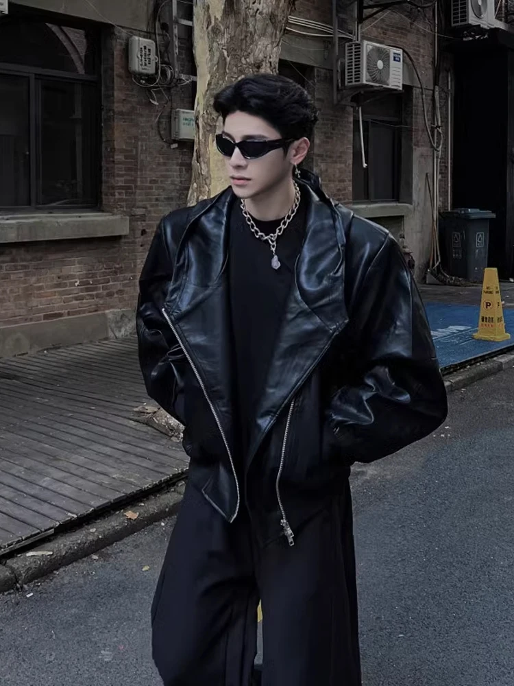 

Men's Spring Autumn Hooded PU Leather Jaet Faionable Deconstructed Knife Sve Biker Coat Casual Loose Fit Long Sve