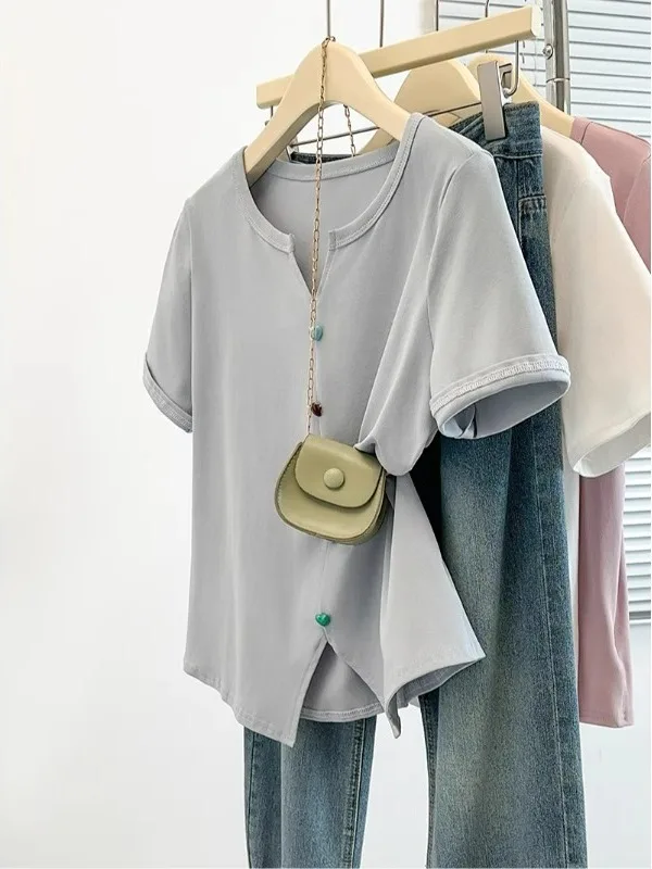 

Ele V-Ne ort Sve T-irt Women's Summer New Sle European Design Slimming Chic Love Button Casual Breathable Top