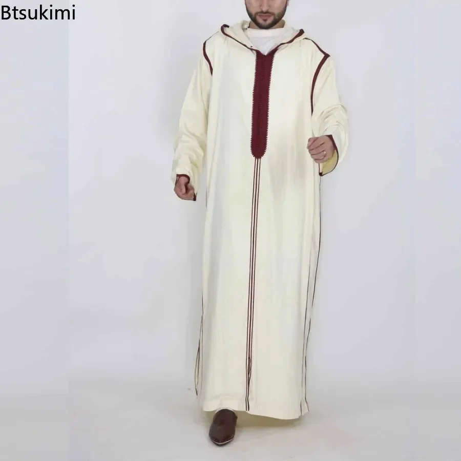 Baru 2025 Muslim Jubba Thobe pakaian Hoodie pria jubah Ramadan Kaftan Abaya Dubai Turki pakaian Islami pria kasual longgar jubah