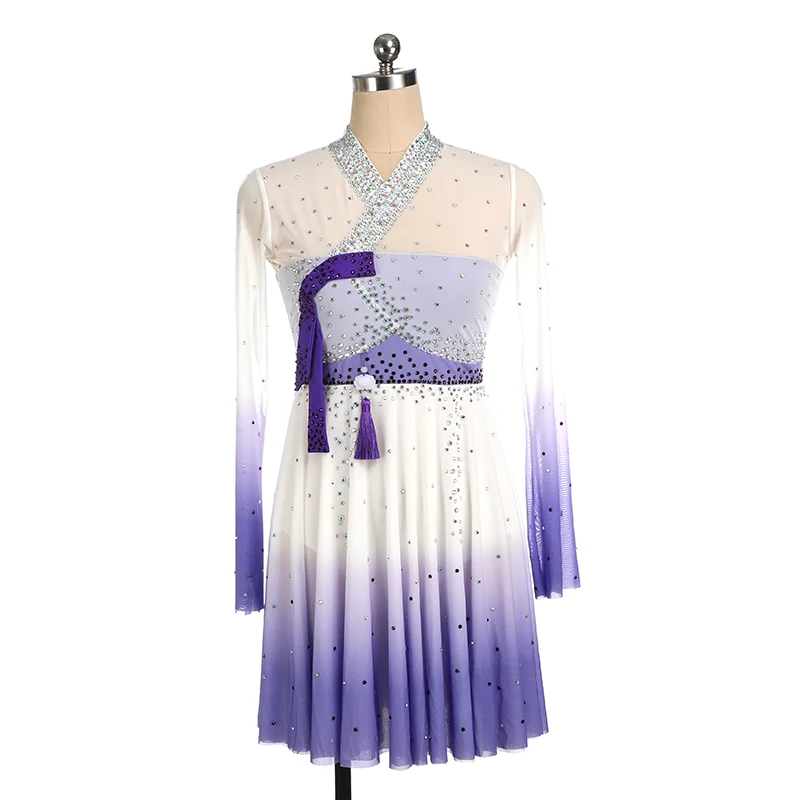 

Художественная гимнастика, фигурное катание, соревнование, белое, фиолетовое, блестящее, со стразами, платье с длинными рукавами для девочек, градиентный цвет