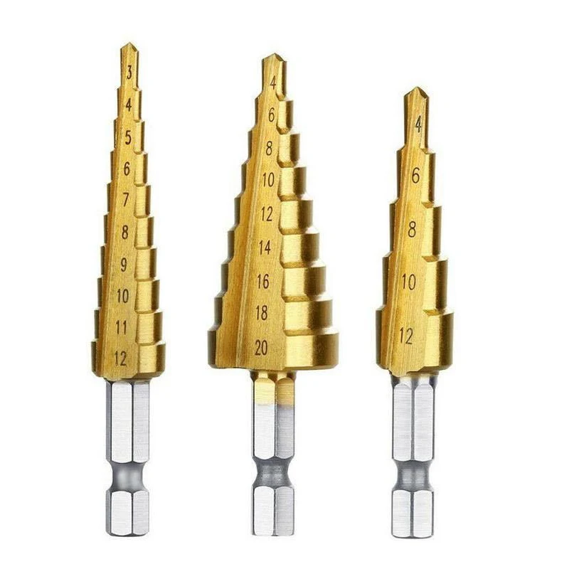 3-12mm/4-12mm/4-20mm HSS Straight Groove Step Drill Bit Titanium Coated Wood Metal Hole Cutter Core Cone Drilling Tools Set