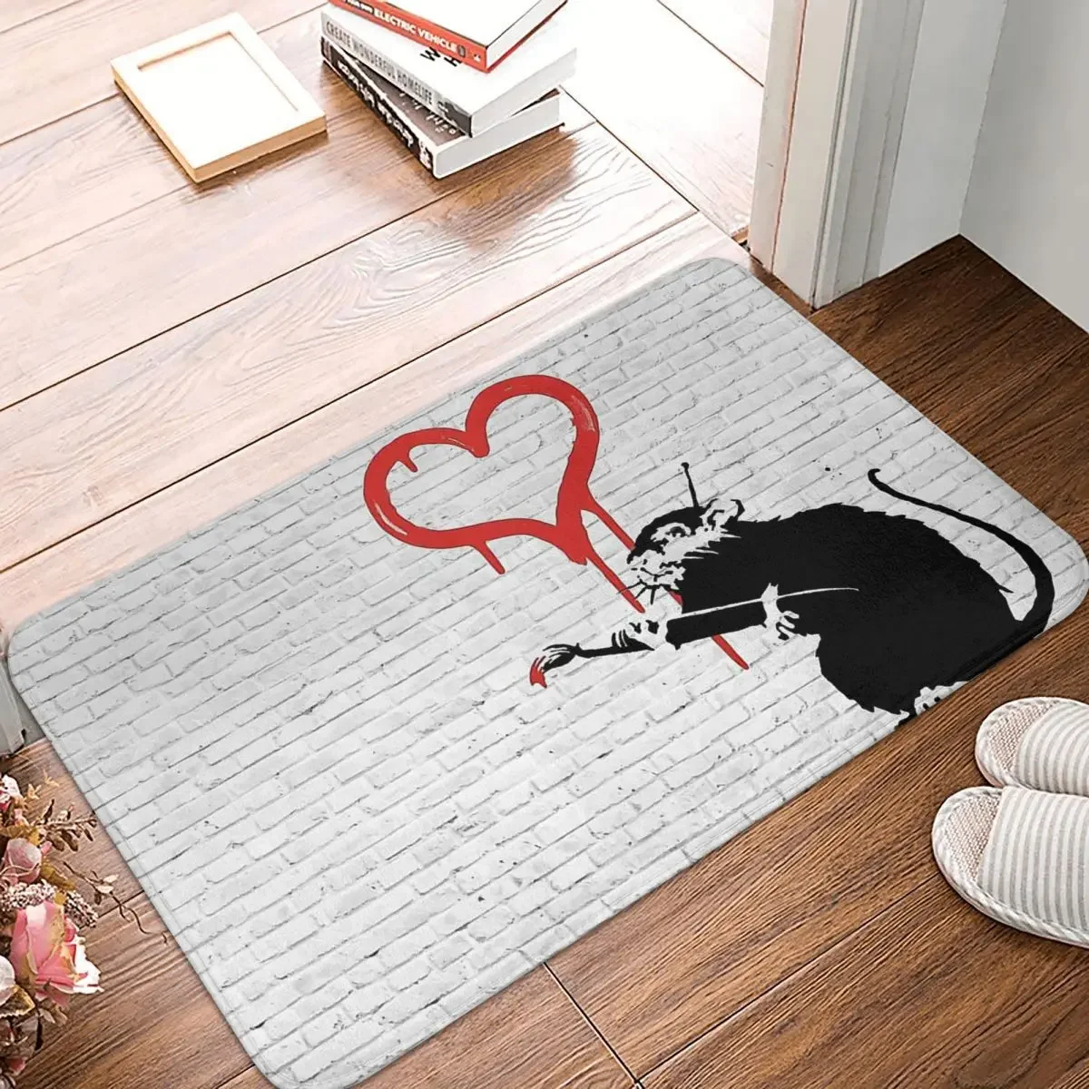 Non-slip Rug Doormat Bath Mat Banksy Love Rat Floor Carpet Bedroom Decorative