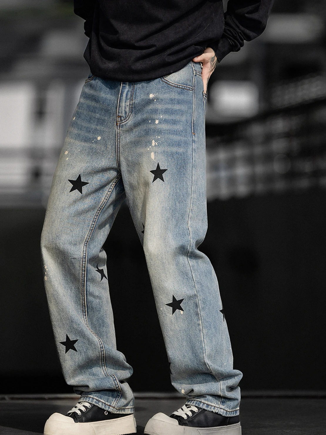 2025 الرجال الخريف جديد فضفاض الراحة شارع العليا ضوء الفاخرة شخصية مستقيم الدينيم السراويل طباعة نجمة خماسية شيك الجينز #2