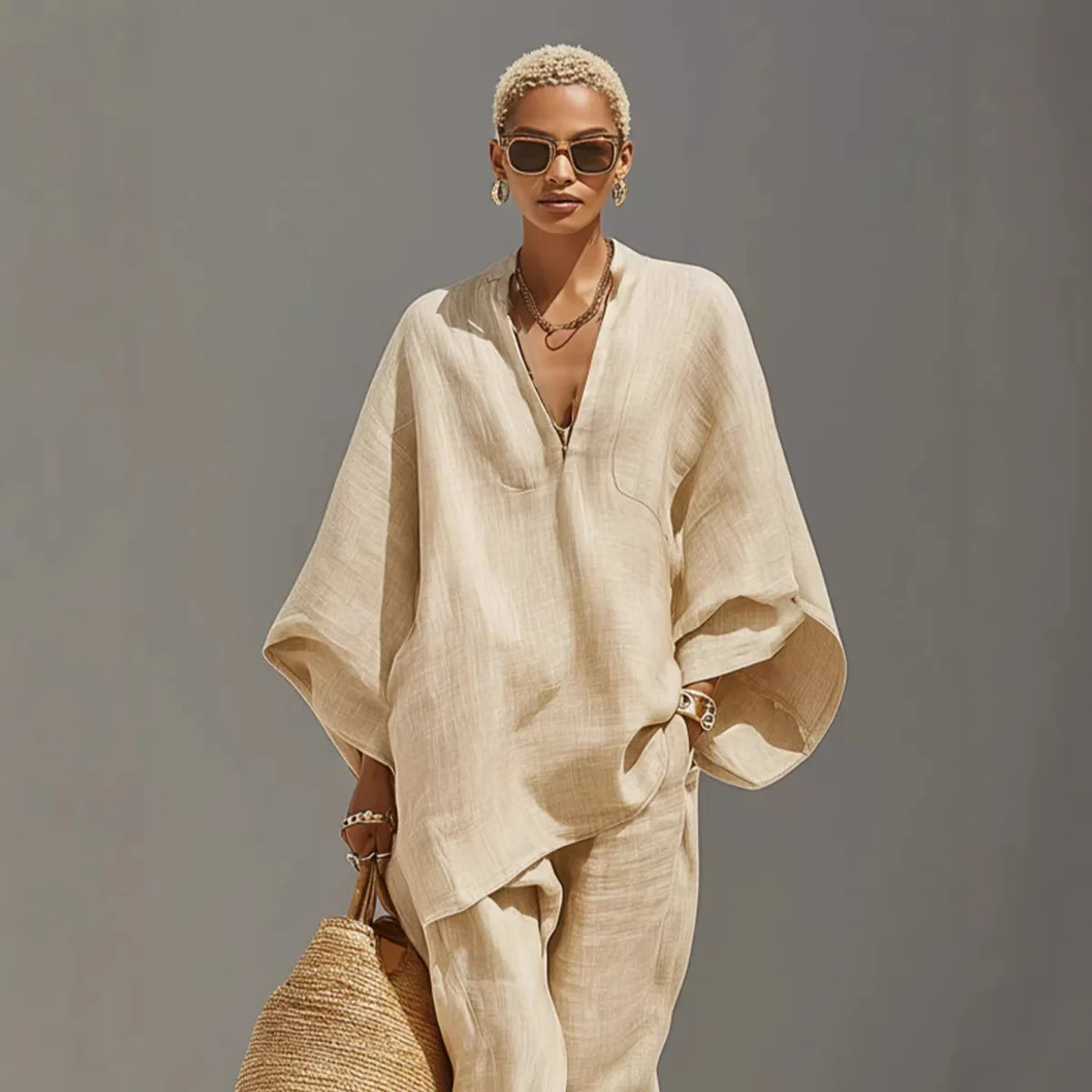 Harajuku Vintage Solid Loose 2 Piece Outfits Woman Sexy V Neck Top Pullover & Casual Pants Sets Spring Batwing Sleeve Boho Suits