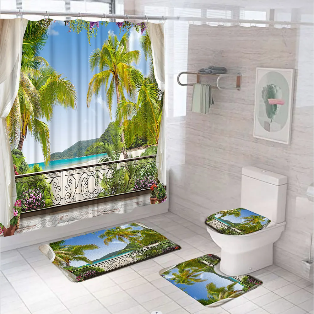 Ocean Beach Shower Curtain Set Bath Mat Toilet Lid Cover Non-Slip Rug Sea Tropical Palm Tree Seaside Landscape Bathroom Curtains