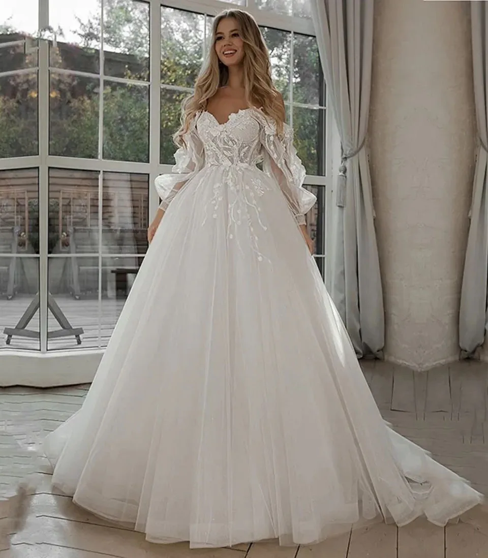 

White Wedding Dresses Ivory Bridal Gowns Formal A Line Tulle Custom Zipper Lace Up Plus Size New Sweetheart Long Sleeve Applique