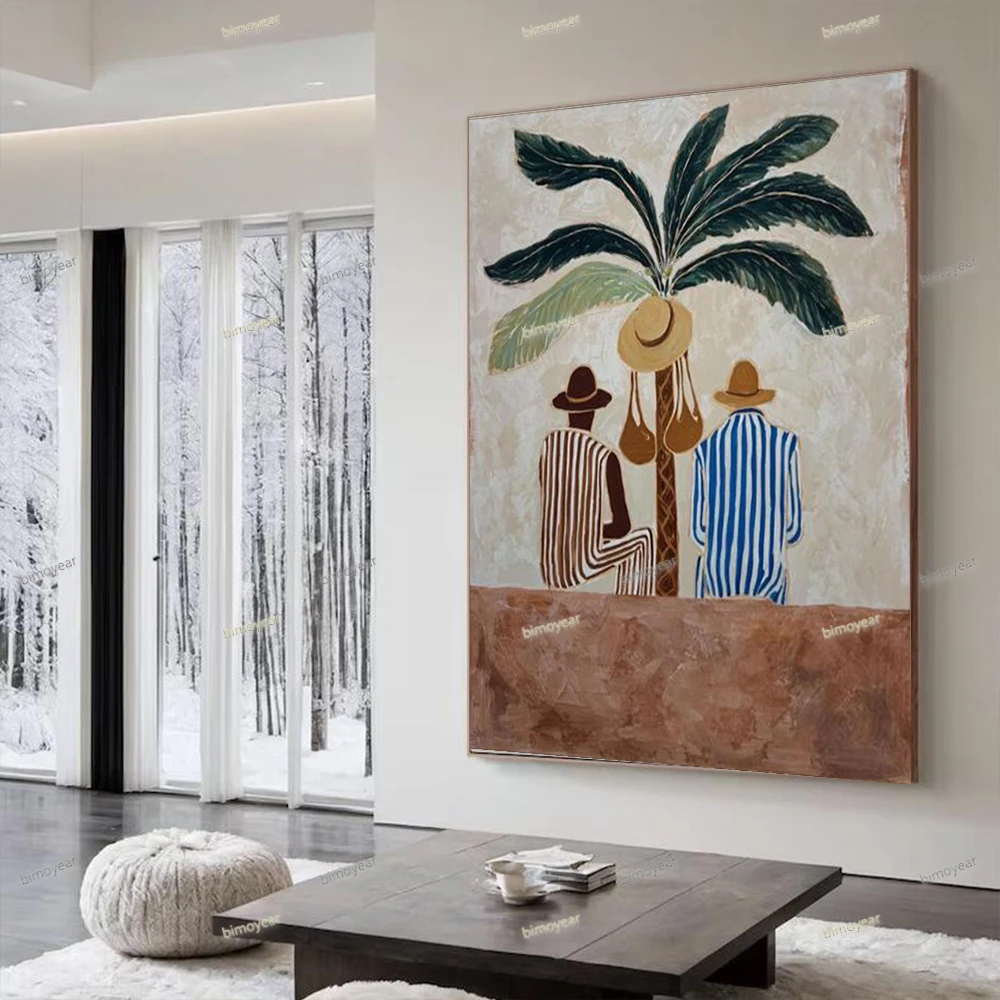 Large Abstract Expressionist Oil Painting Western Tribal Striped Figures Hand Drawn Artwork for Wall Decor