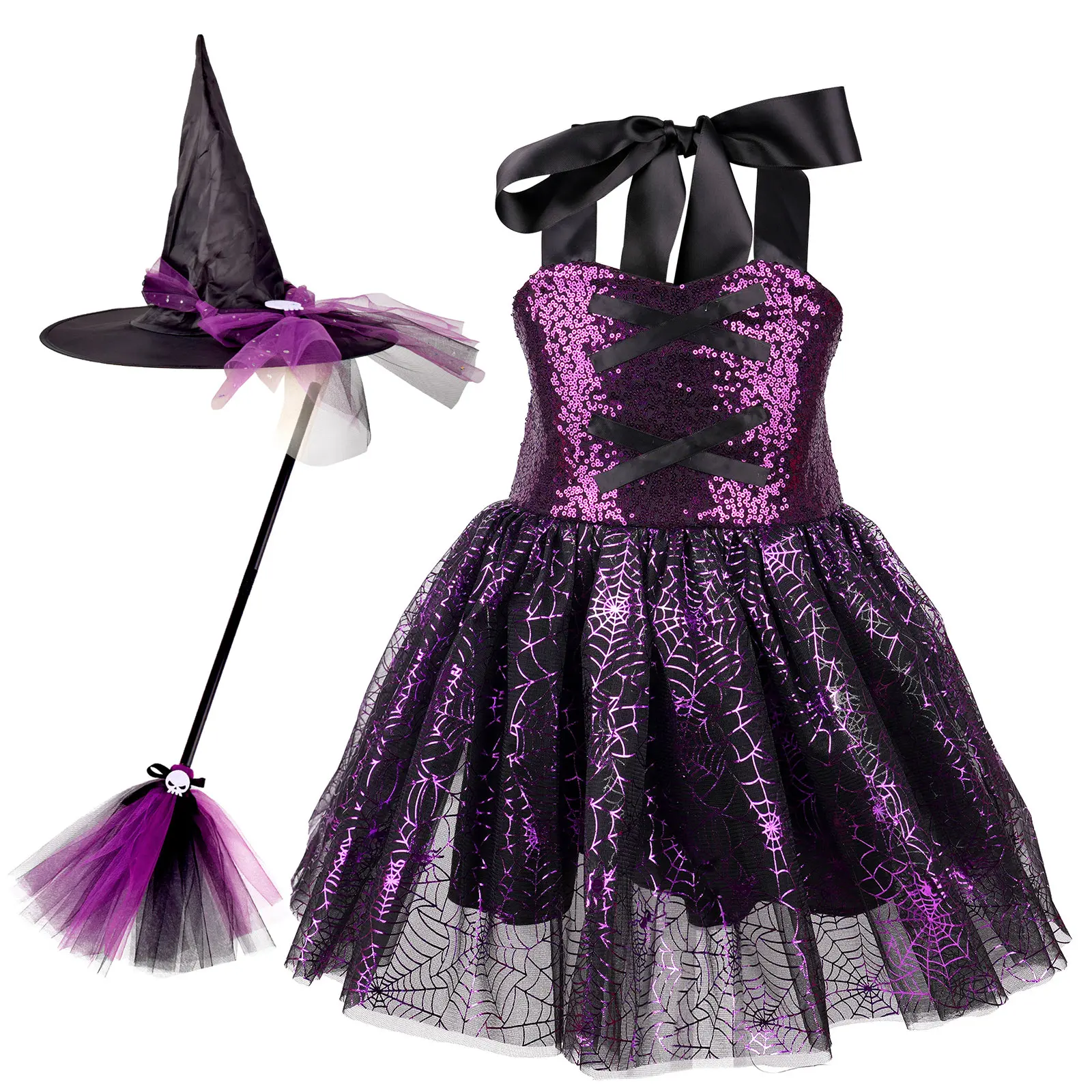 

Deluxe Witch Dress Up Set for Kids Girls Glittering Sequin Outfit with Accessories for Halloween Carnival Cosplay Themed Parties