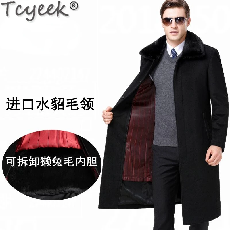 

Tcyeek Winter Natural 90.1% Cashmere Jacket Casual Woolen Man Coat Warm Rex Rabbit Fur Liner Fashion Men Clothes Mink Fur Collar