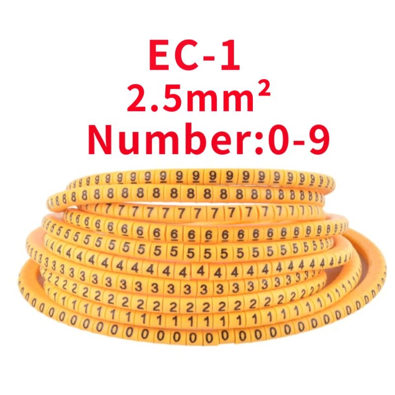 500PCS (Each50pcs ) EC-1,EC-2,EC-3  yellow Cable Markers Letter 2.5sq.mm 0 to 9 for wire diameter Cable Markers