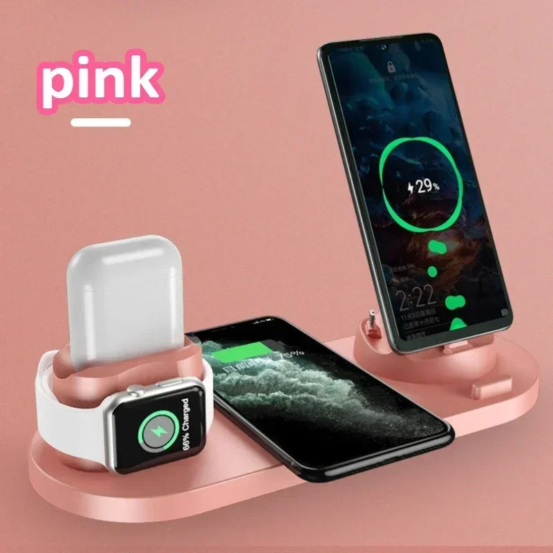 New 6 in 1 10W Wireless Charger Stand Pad for IPhone 15 14 13 12 Pro Max Apple Watch Airpods Phone Fast Charging Dock Station