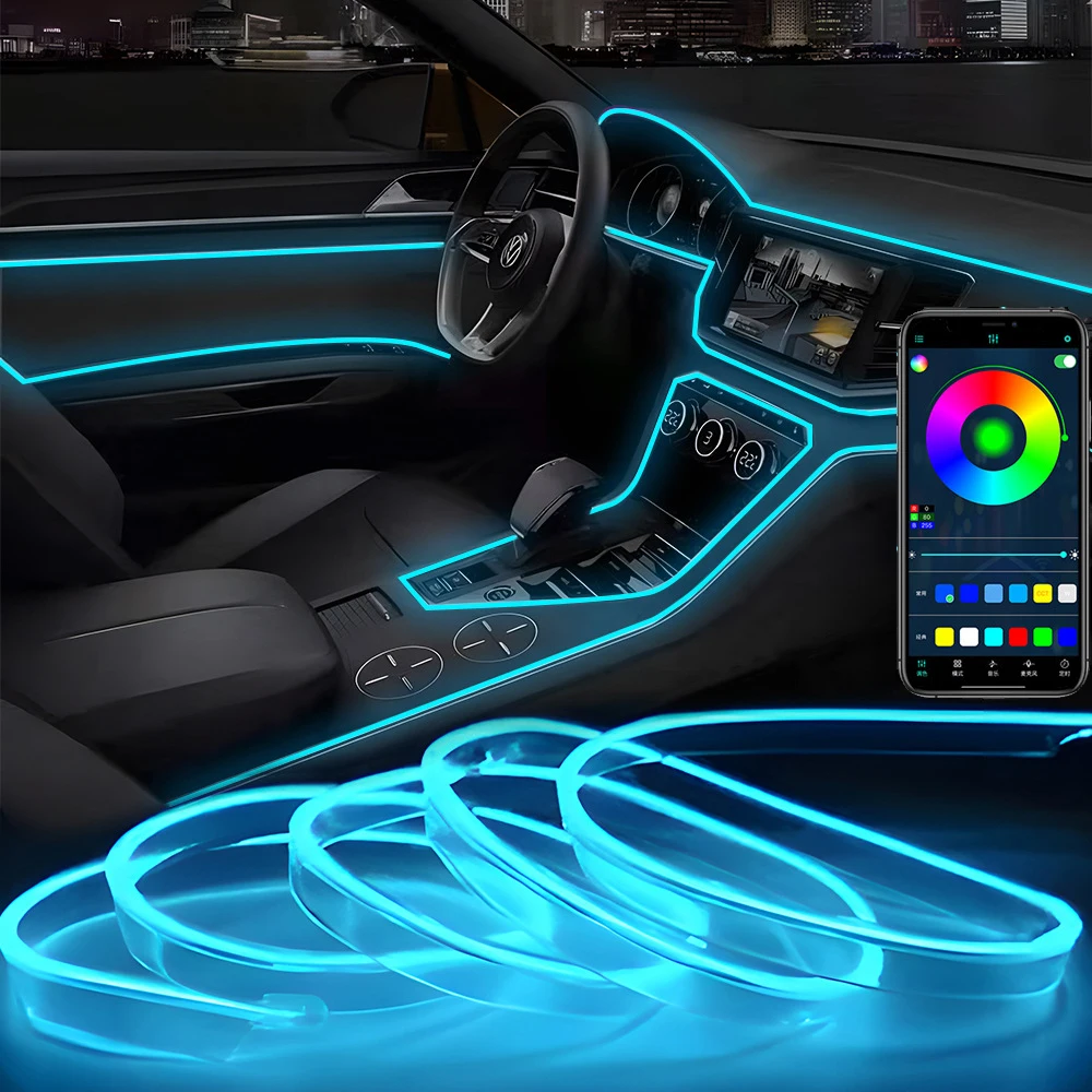 

Автомобильная RGB окружающая светодиодная лента 1/2/3/4/5M APP Control USB Волоконно-оптическая атмосферная лампа Неоновые украшения внутренней консоли