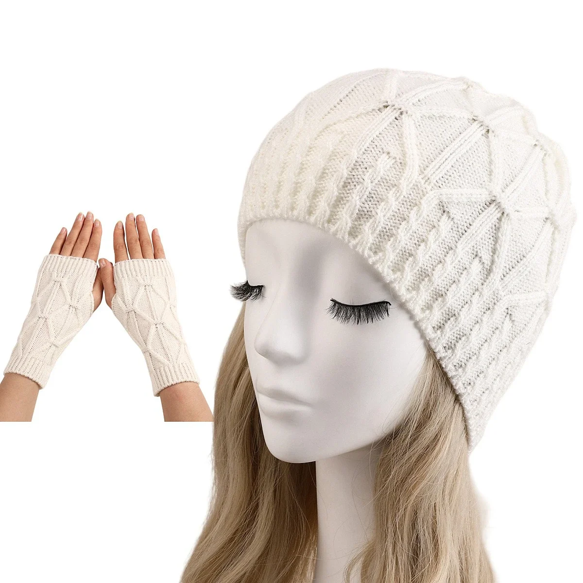 2Pcs Women Diamond-Patterned Winter Hat & Fingerless Gloves Set Cold Weather Soft Warm Knitted Hat Glove Kit Outdoor Daily Wear