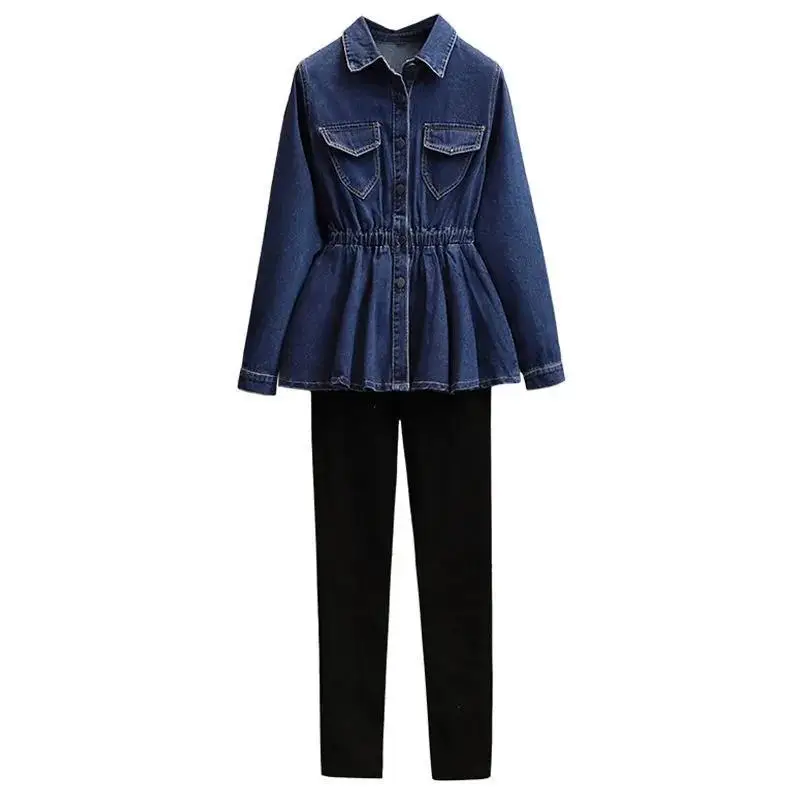 Spring and Autumn Season New Korean Edition High End Slim Medium Length Denim Jacket Casual Pants Age Reducing Two-piece Set