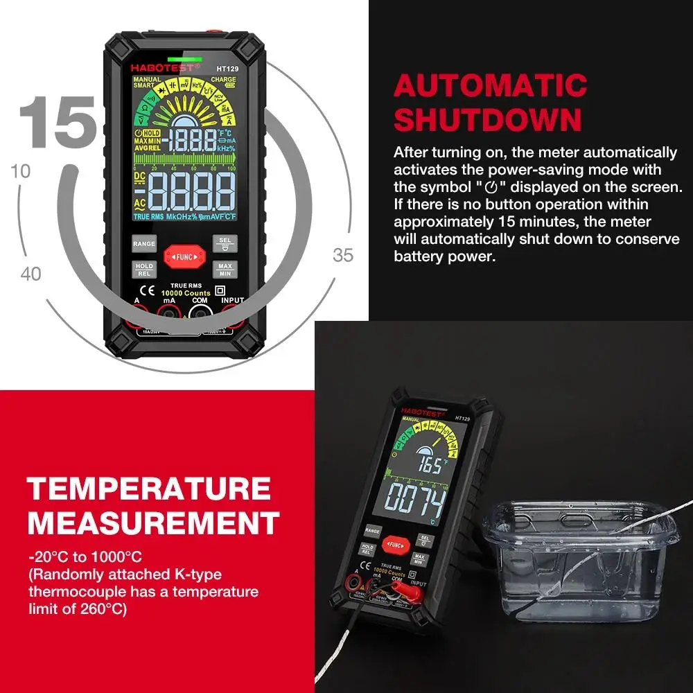HABOTEST HT129 10.000 Counts Digitalmultimeter Smart Anti-Burn DC AC Spannung Strom True RMS Voltmeter Wiederaufladbarer Multitester – Detail 11