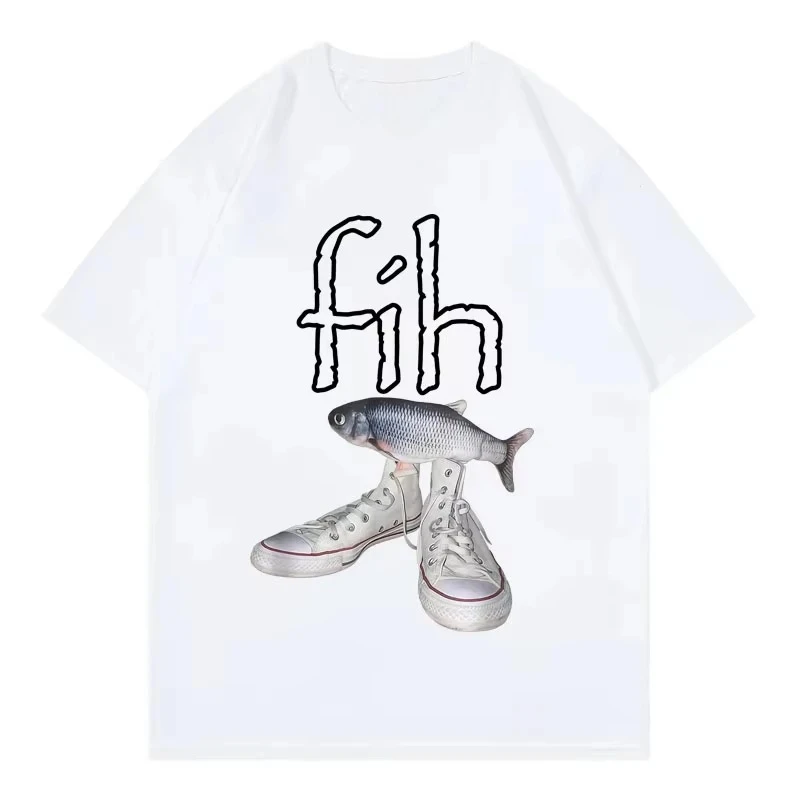 مضحك نمط جديد حار بيع Fih أحذية الجرافيك تي شيرت Misspelled الأسماك ميمي الرجال عارضة أزياء قصيرة الأكمام تي شيرت #2