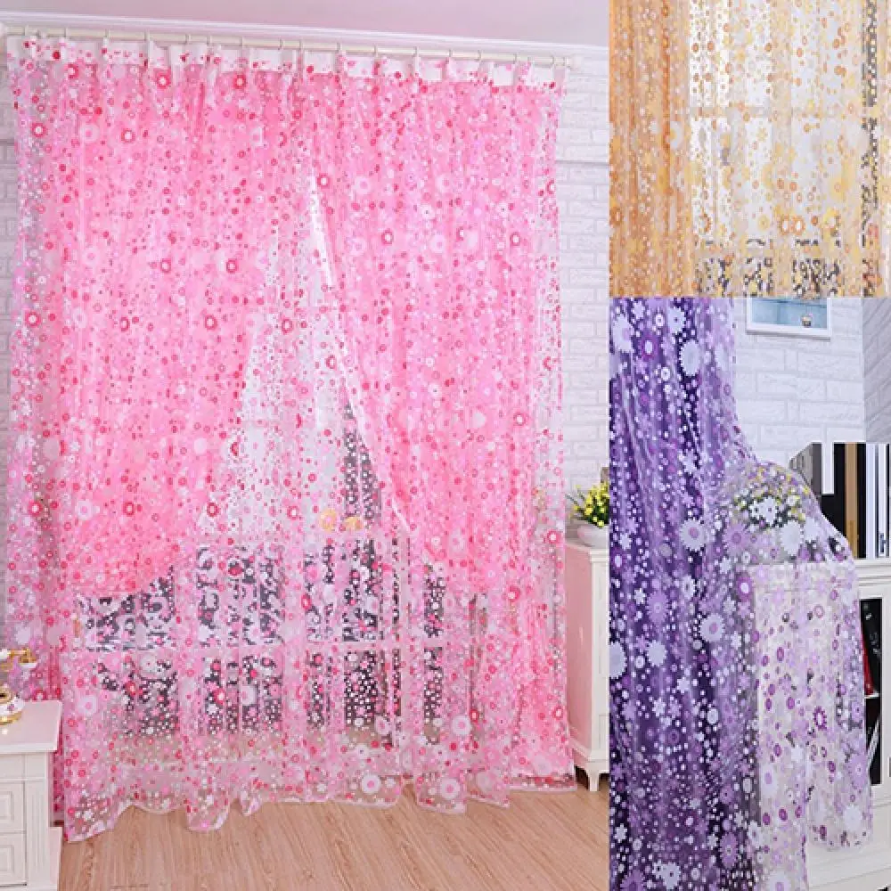 Floral Tulle Sheer Fabric Sheer Curtains Home Window Door Room Decoration Pastoral Sunflower Divider Sheer Voile Curtain