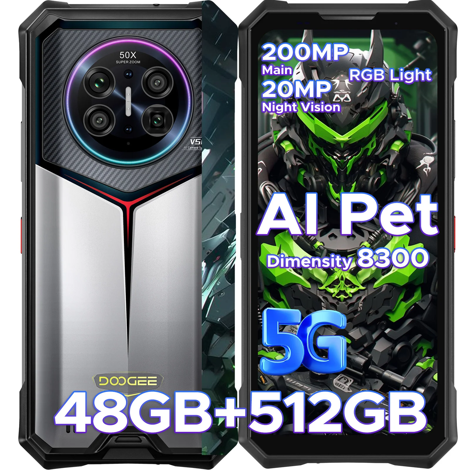 DOOGEE V50 AI 5G robuuste telefoon 52GB RAM (16+36) 512GB ROM Dimensity 8300 200MP camera 20MP nachtzichtcamera Android 16 ondersteunt walkie-talkie RGB sfeerverlichting