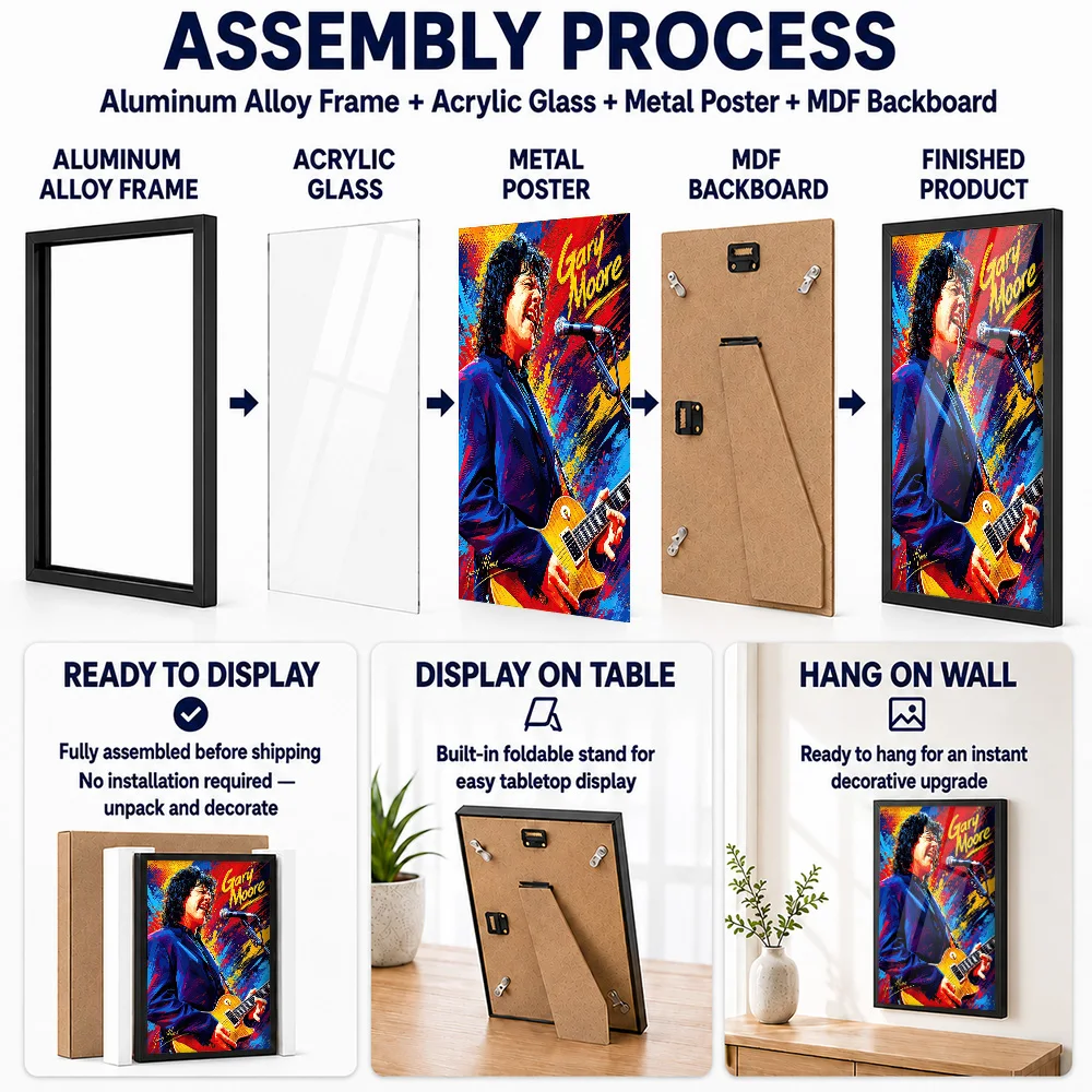 Gary Moore Vibrant Music Framed Aluminum Metal Poster Customized Photo High Contrast Stage Style Wall Art For Recording Studio