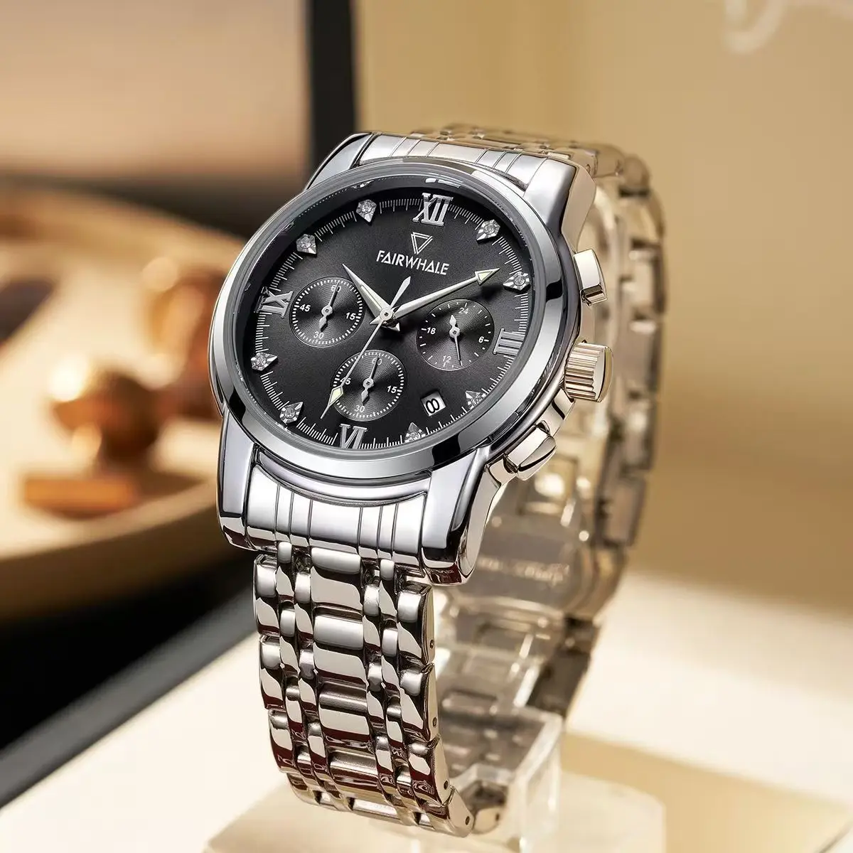 Mark Fairwhale 5380 Relógio de negócios masculino com fivela borboleta de aço inoxidável cronógrafo de quartzo relógio de pulso à prova d'água