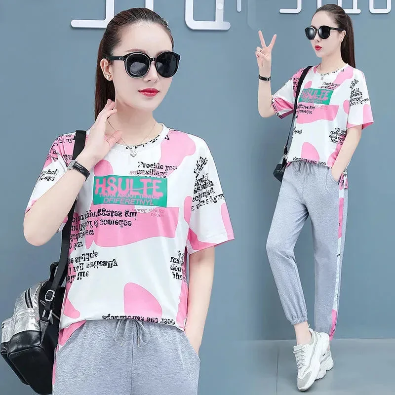 Women's Sports Suit 2024 Summer New Fashion Casual Sweat Set Loose Short Sleeved Tops And Pants Two Piece Set M-4XL