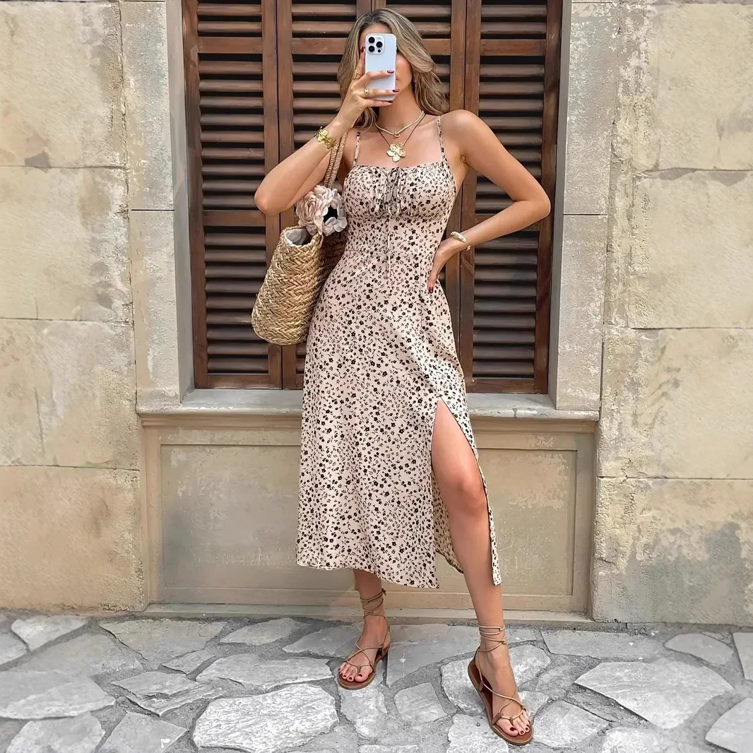 Robe longue d'été pour femmes, petite robe à imprimé Floral, Sexy, bretelles Spaghetti, Slim, taille haute, robe de soirée en boîte de nuit