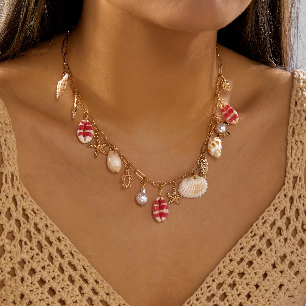 Sommerurlaub Muschel Seestern Conch Fisch Schildkröte Korallen Anhänger Halskette für Damen Herren Imitationsperlen Choker Ozean Strand Schmuck – Detail 14