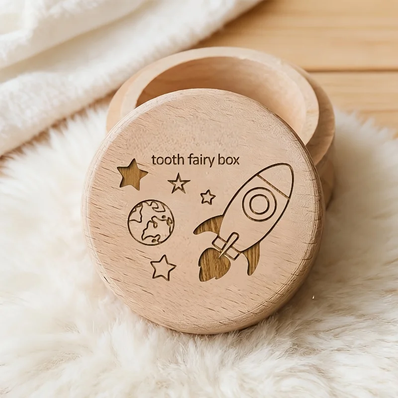 1pc Wooden Tooth Fairy Box with  Star and Rocket Pattern Design Umbilical Cord Souvenir Box Tooth Preservation Box Tooth Storag