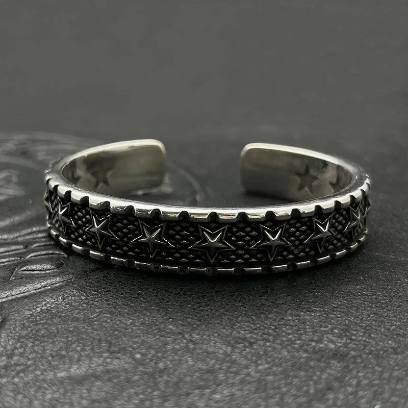 

S925 sterling silver trendy retro tooth mark narrow version star opening bracelet five-pointed star niche men's and women's