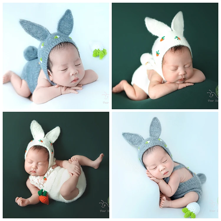 New Born Photography Props  Baby Outfit Rabbit Hat Kniited Wool Clothing Photography Shooting Accesseries