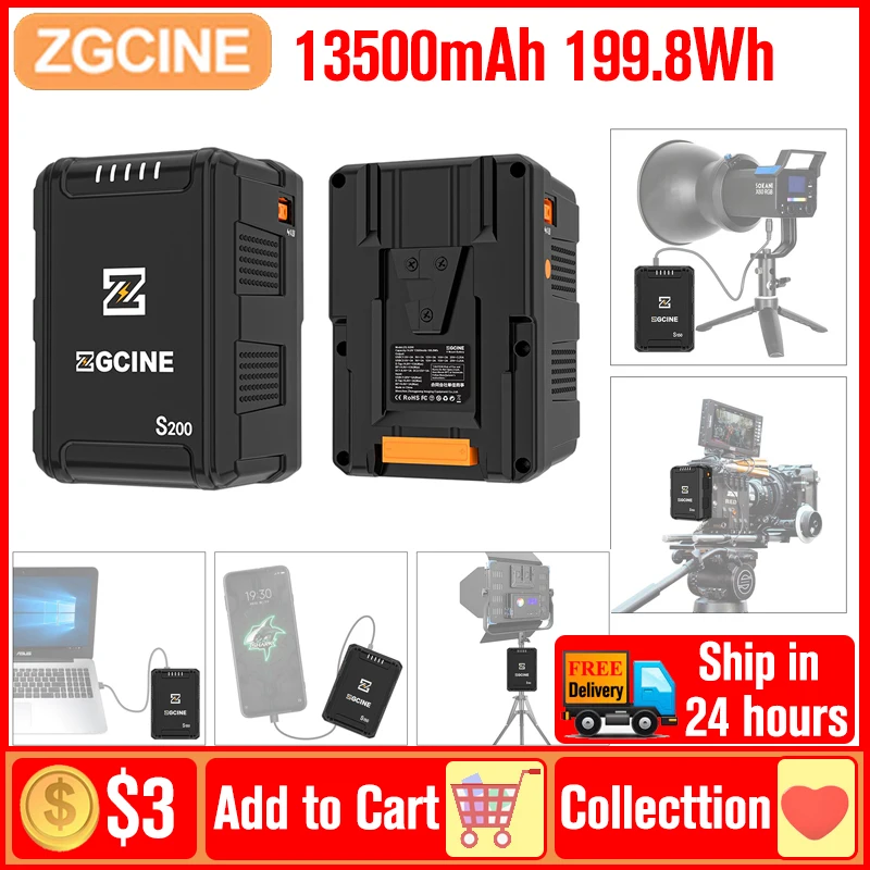 ZGCINE ZG S200 V Mount Battery 13500mAh V-Lock Lithium Battery Fast Charging for DSLR Cameras Smartphones Laptops Video Lights