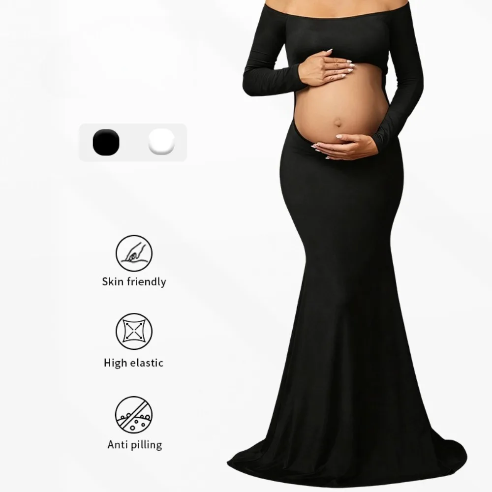 

European and American 2025 One Shoulder Floor Length Slim Fit Fashion Solid Color Long Sleeve Belly-Baring Maternity Dress