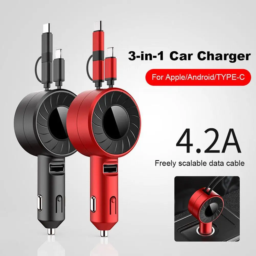 

3 In 1 Fast Car Charger USB Cable Retractable Charger Adapter USB Type C Car Quick Charger Micro USB For Samsung IPhone