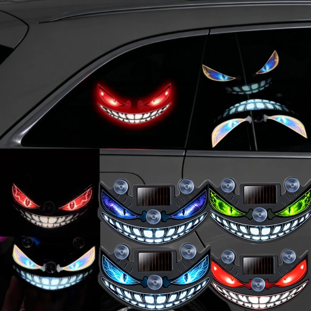 Glowing Devil Eyes Solar-powered Car LED Warning Lights Suction Cups Adhesive Decorative Decals For Motorcycle Car Truck Helmet