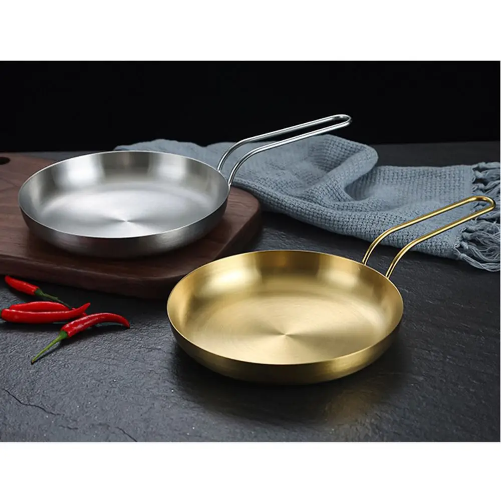Easy To Clean 18/20cm Stainless Steel Frying Pan Flat Bottom Handled Serving Plate Stackable Golden/Sliver Steak Skillet Camping