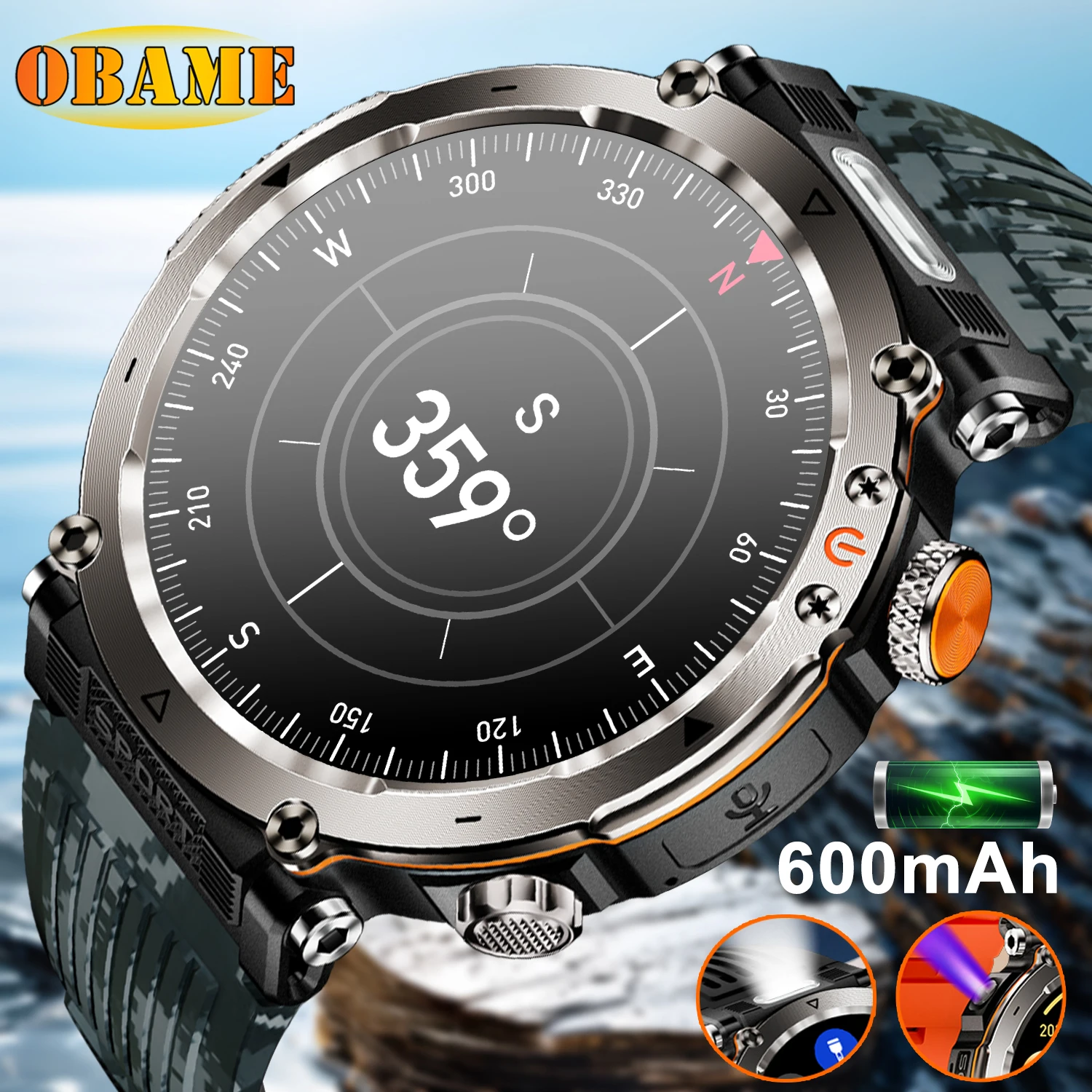 

Уличные умные часы для мужчин, 1,9-дюймовый светодиодный фонарик, умные часы, компас, пульс, Bluetooth-вызов, 5 АТМ, IP68, водонепроницаемые умные часы, новинка