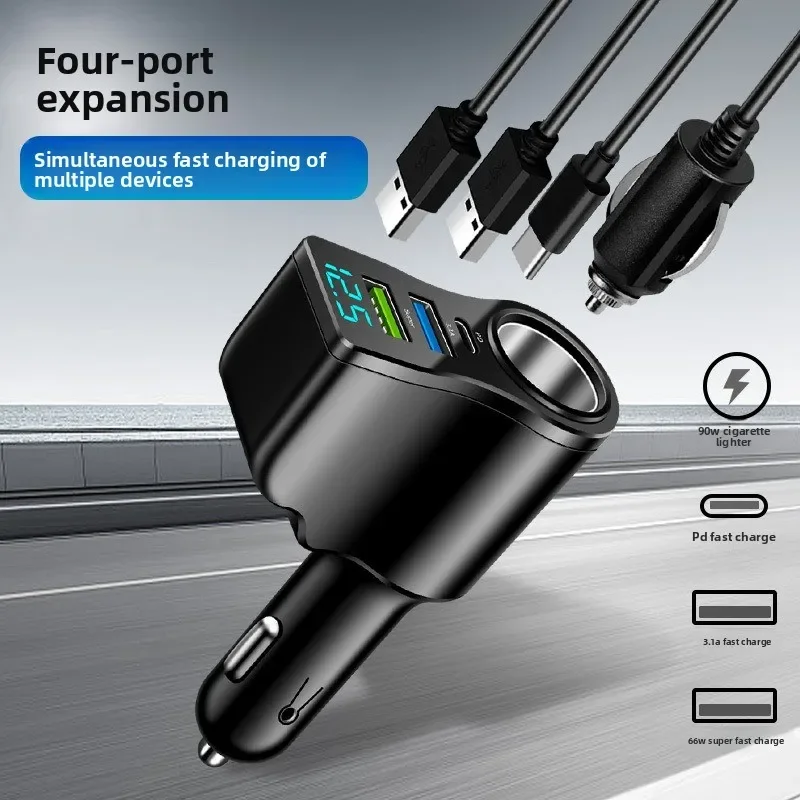 Neue Digitalanzeige Auto Schnellladung Dual USB Autoladegerät Ein bis Drei Zigarettenanzünder 66W Auto Multifunktionsladegerät