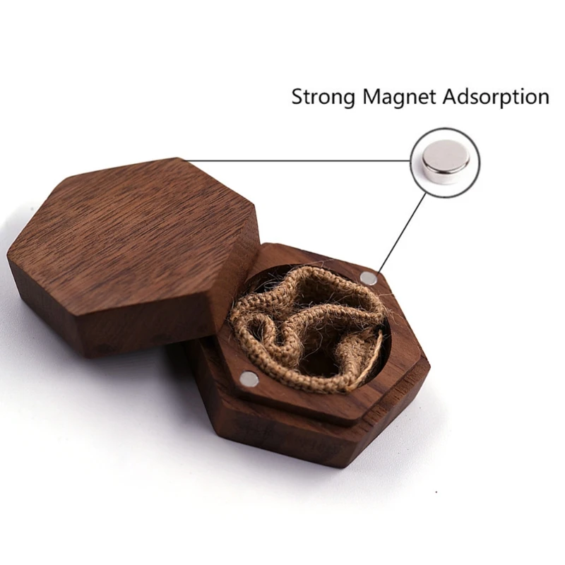 ZB Black Walnut Wooden Engagement Ring Box Solid Wood Hexagon Shaped Ring Organizer for Proposal Wedding Ceremony Gift