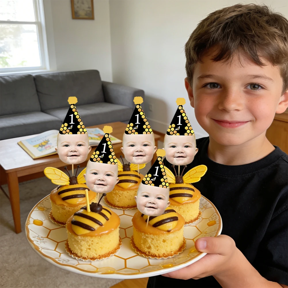 12pcs Personalized 1sBirthday Photo Cupcake topper custom Face Photo for Milestone Anniversary Celebration Party Cake Decoration