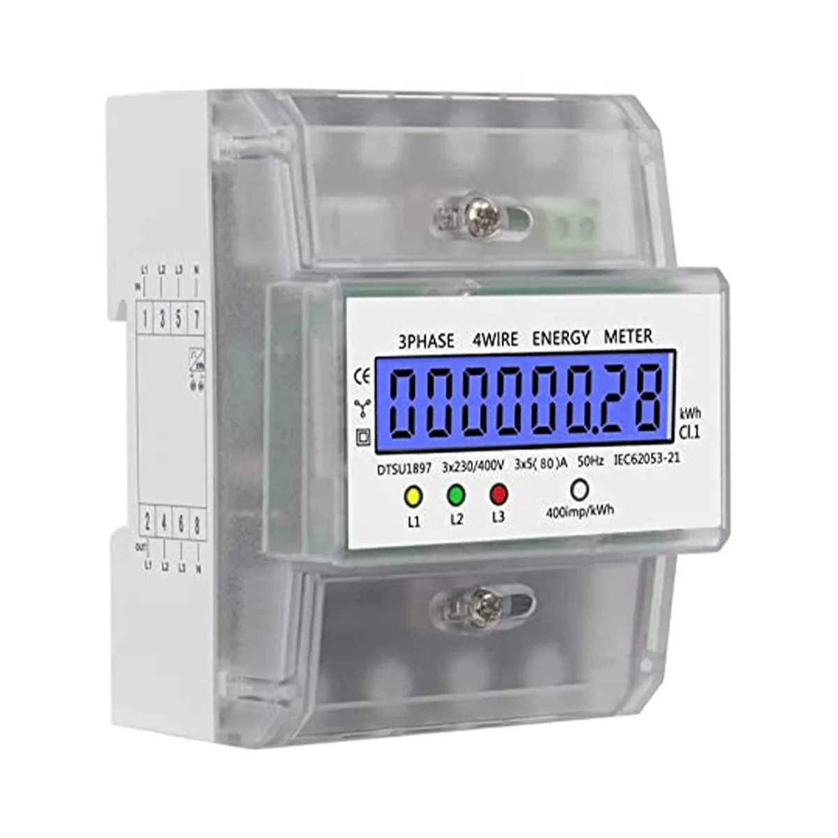 Electricity Meter 3 Phasig 4 Ladder, Power Meter Hutschiene with LCD Display, Digital Electricity Meter 230V 400V 5-100A