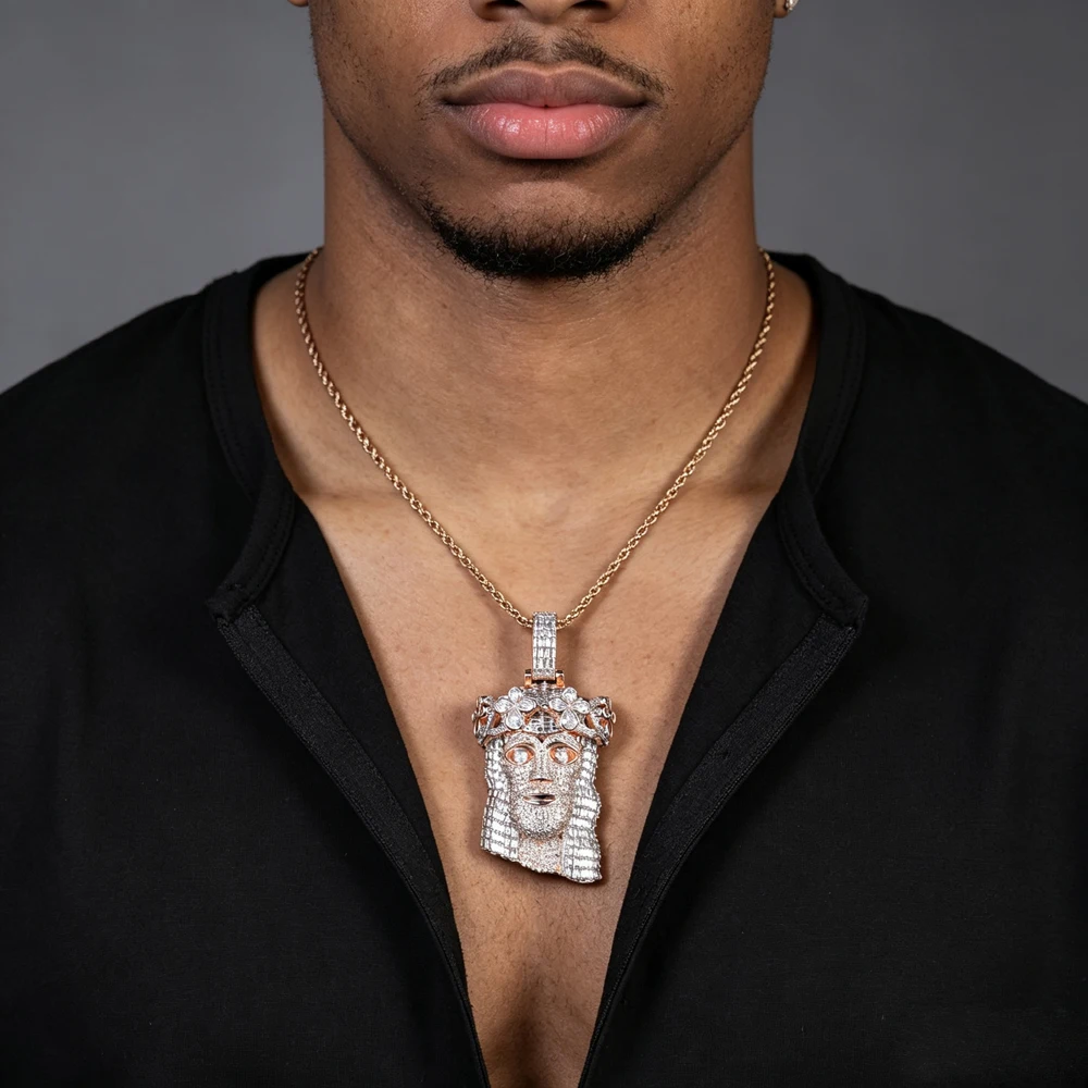 New Rose colored Thorn Crown Character Avatar with Rope Chain Full Set Shining Zircon Men's Hip Hop Rap Pendant Necklace Jewelry
